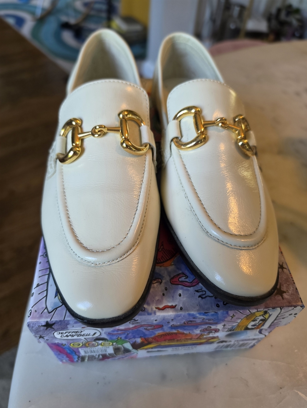 Jeffrey Campbell Ivory Velviteen Horsebit Gold Loafer Size 8 - Picture 2 of 7